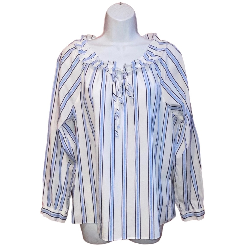 J. Crew Blue Stripe Tie-front Ruffle Neck Top Women’s Small